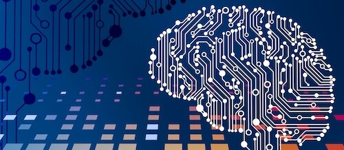 circuits drawn in the shape of a brain to represent AI